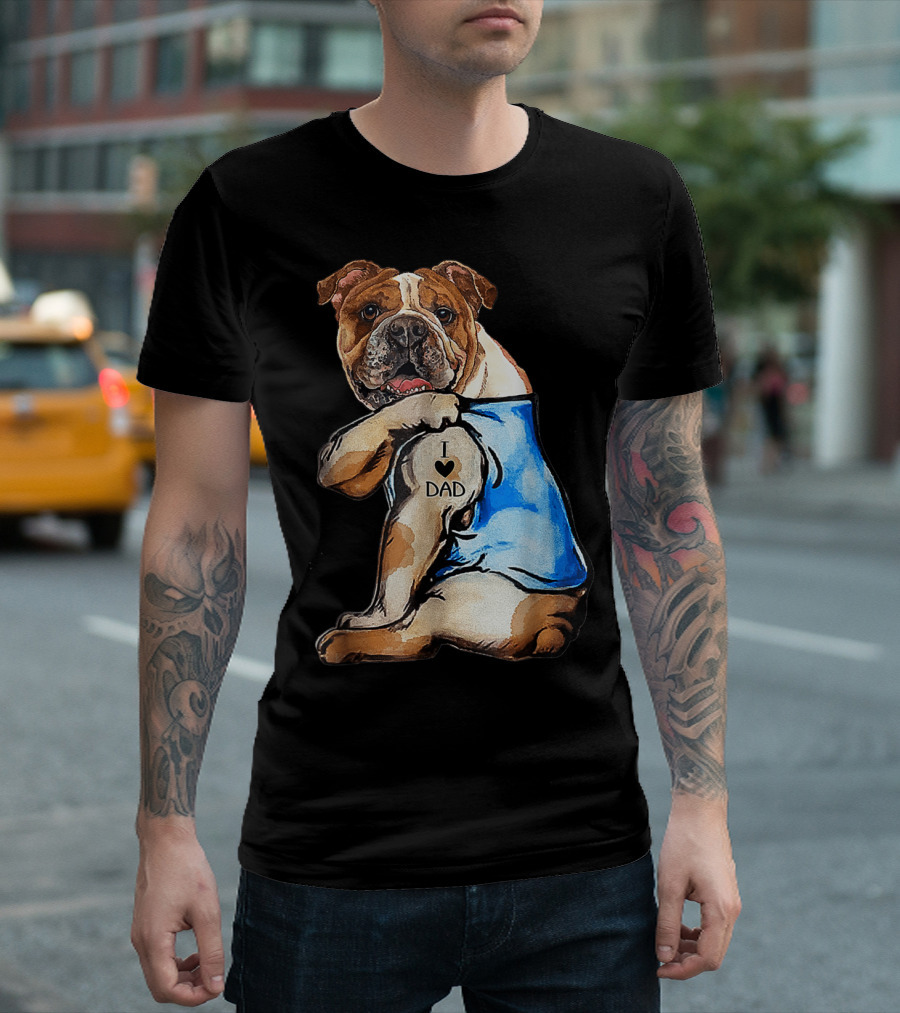 I Love Dad Tattoo English Bulldog Dog Dad Wearing Blue T-Shirt