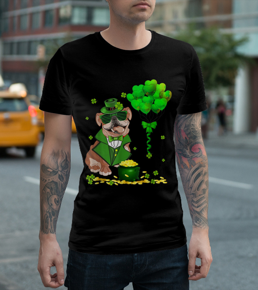 Irish English Bulldog with Leprechaun Outfit and Heart Balloons T-Shirt