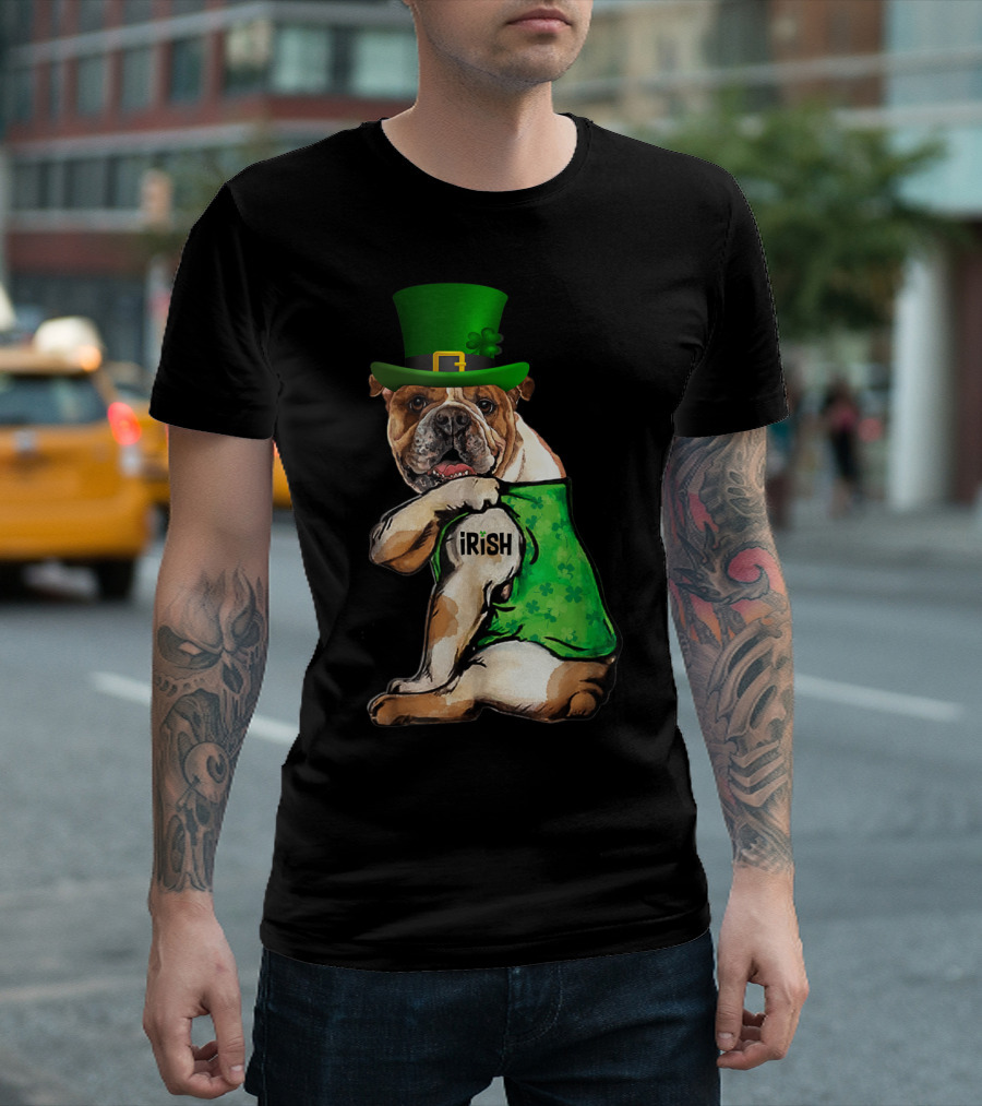Leprechaun Hat Wearing English Bulldog with Irish Tattoo and Green Shamrock Vest T-Shirt