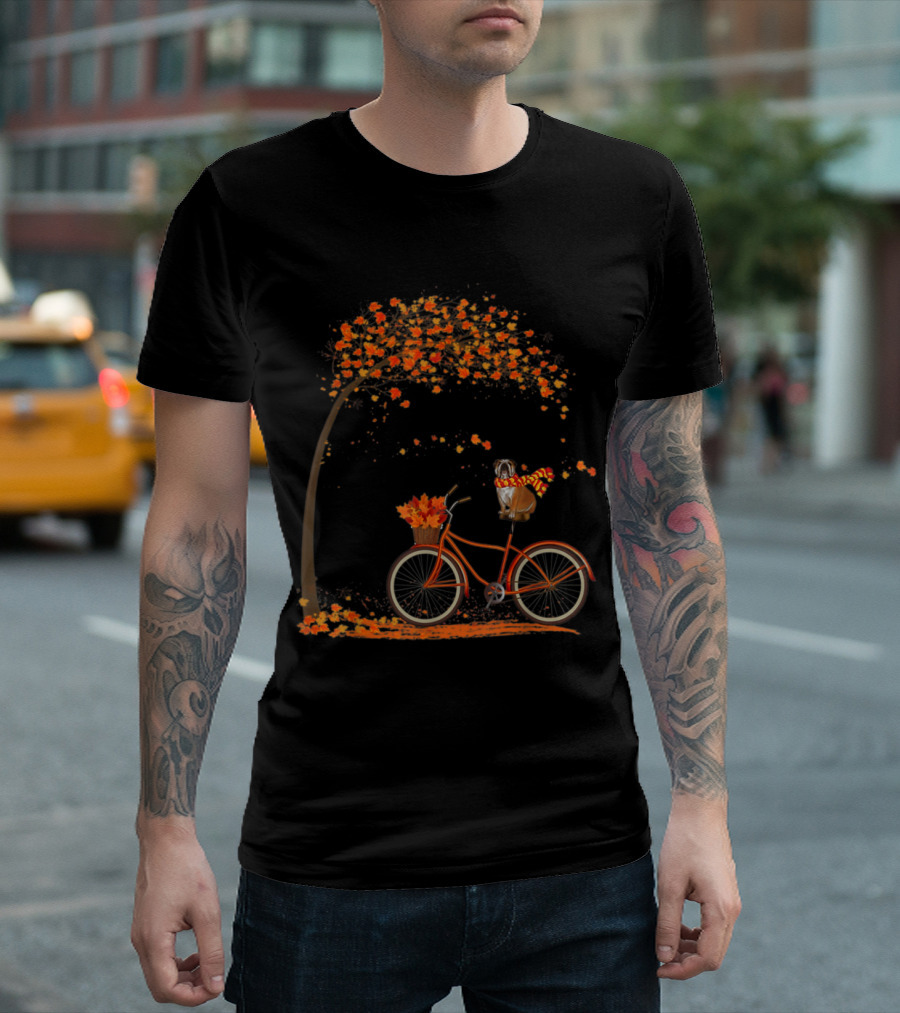 Lovely English Bulldog On Bicycle In Fall With Autumn Leaves T-Shirt
