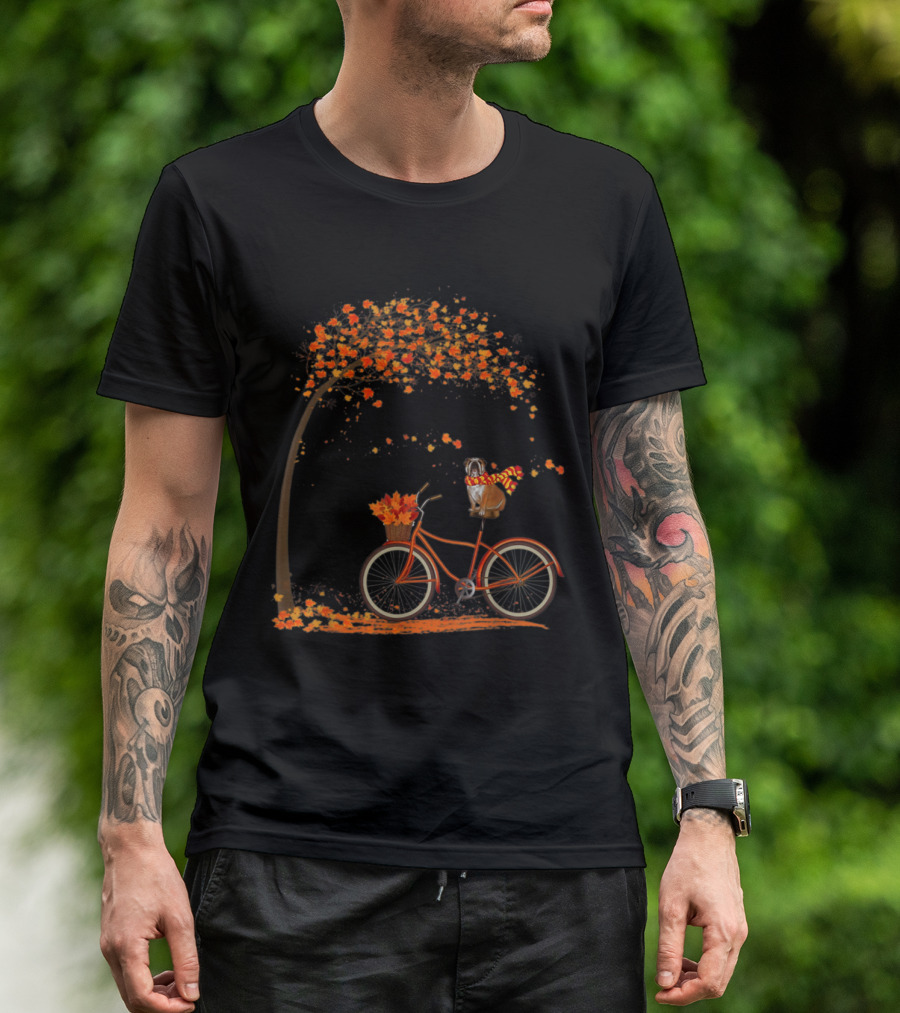 Lovely English Bulldog On Bicycle In Fall With Autumn Leaves T-Shirt