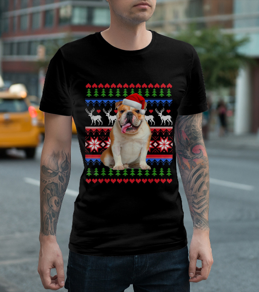Santa Hat English Bulldog Ugly Christmas T-Shirt