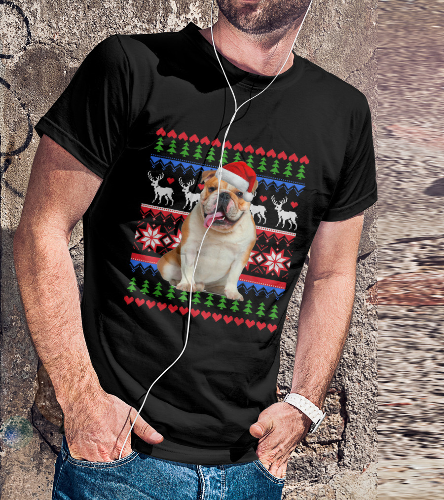 Santa Hat English Bulldog Ugly Christmas T-Shirt