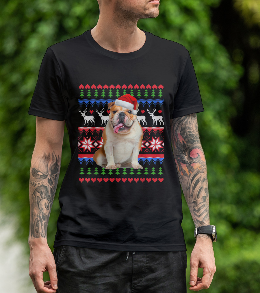 Santa Hat English Bulldog Ugly Christmas T-Shirt