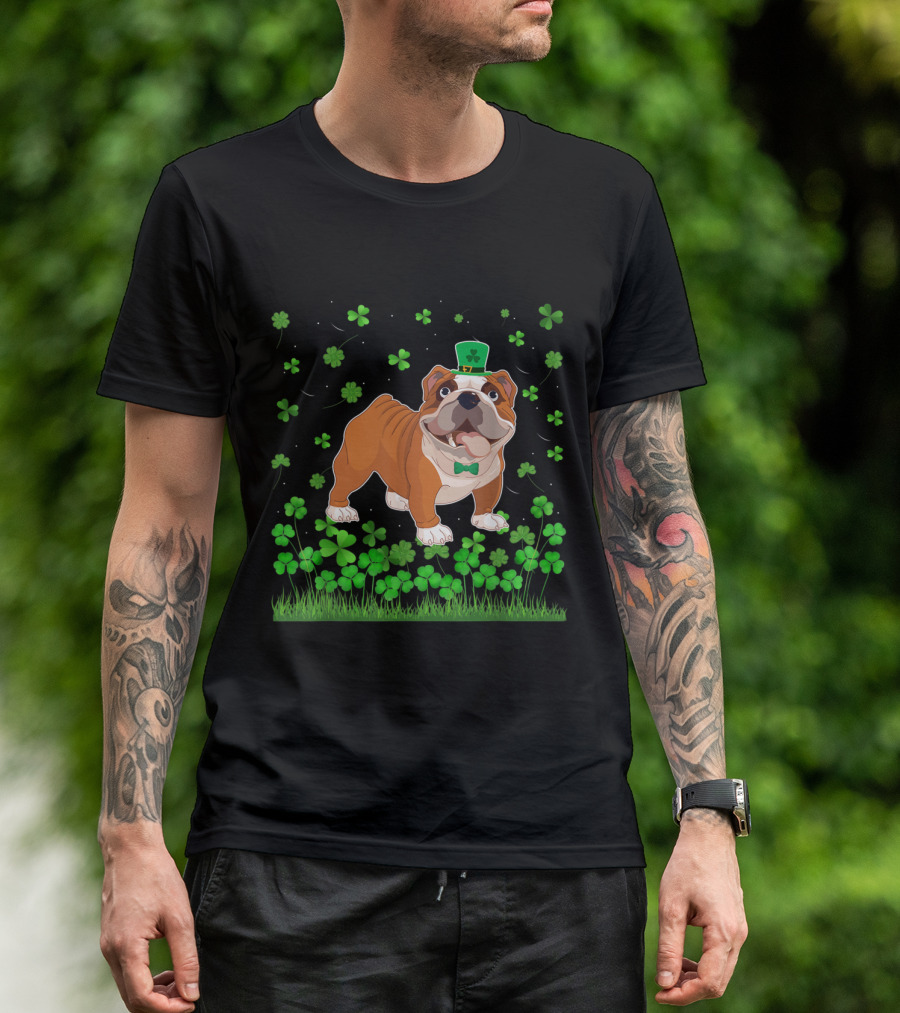 Shamrock English Bulldog St. Patrick's Day Hat And Clover T-Shirt