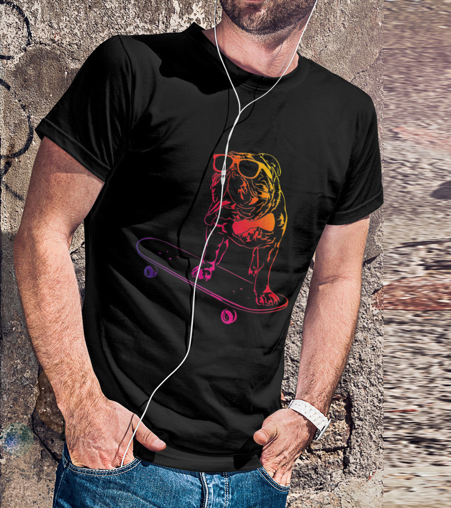 Skateboard English Bulldog Cool Shades Skateboarding Dog T-Shirt