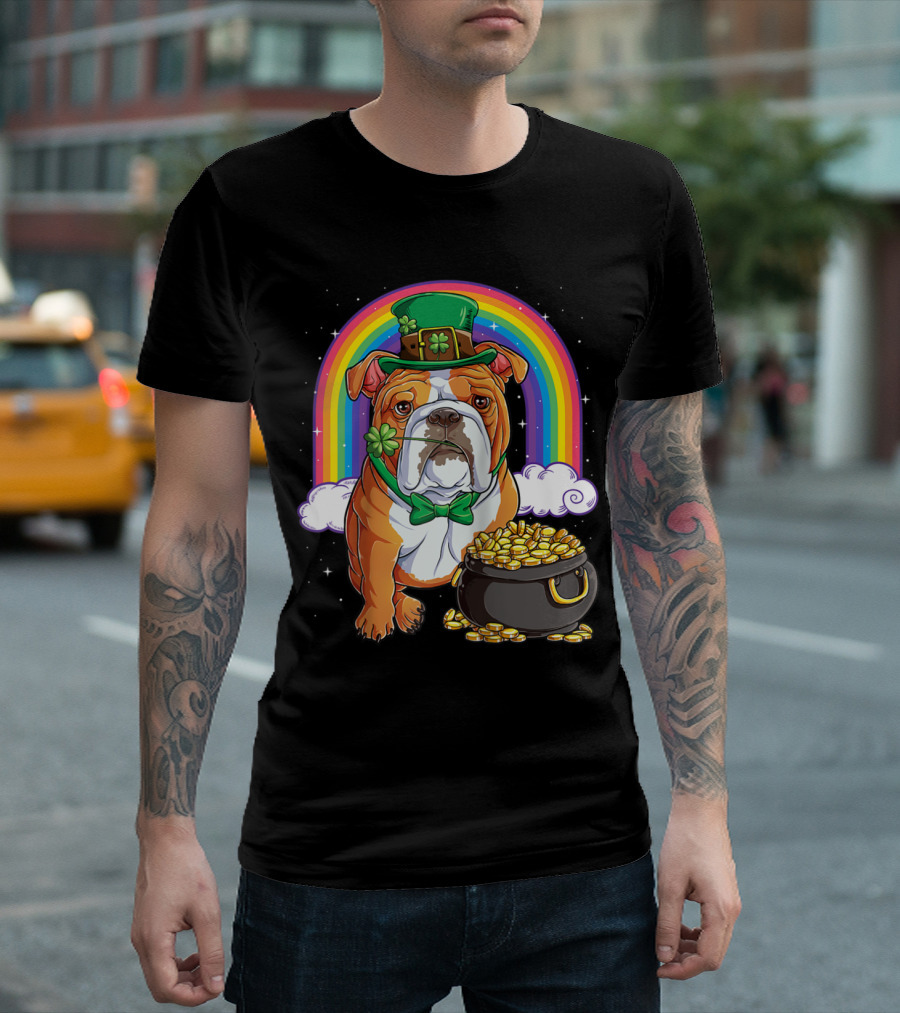 St Patricks Day English Bulldog Leprechaun Rainbow Pot of Gold T-Shirt
