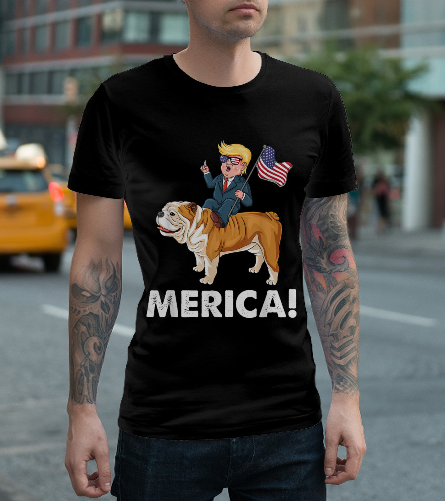 Merica Trump Riding English Bulldog American Hero T-Shirt