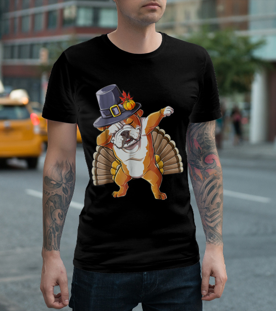 Thanksgiving Pilgrim Hat English Bulldog Dabbing Turkey T-Shirt
