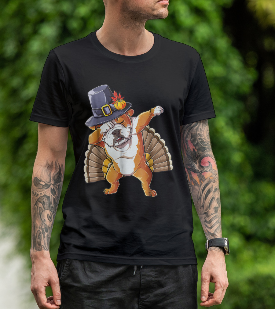 Thanksgiving Pilgrim Hat English Bulldog Dabbing Turkey T-Shirt