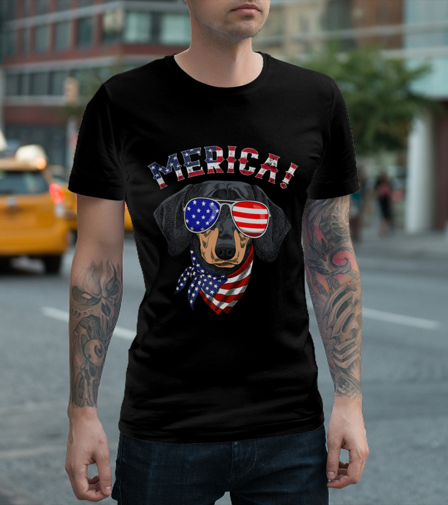 Merica Dachshund with American Flag Sunglasses and Bandana T-Shirt