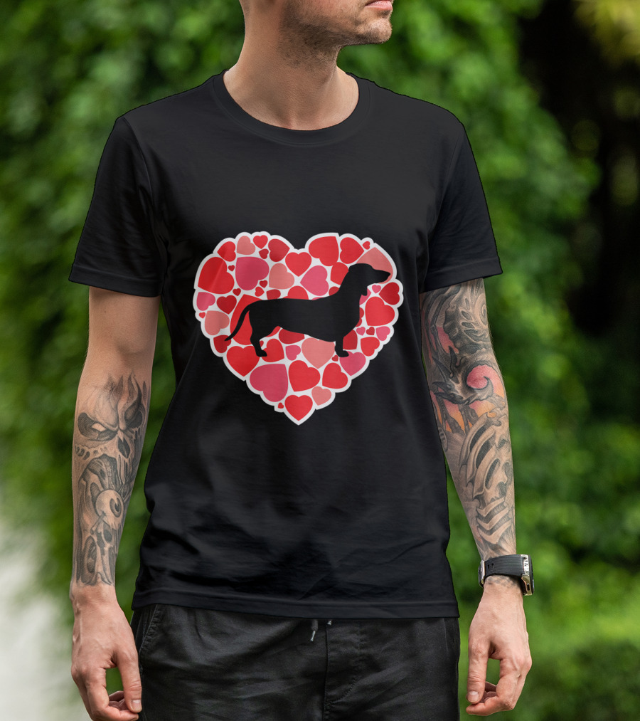 Dachshund Silhouette Love Heart Pattern For Dog Lovers T-Shirt