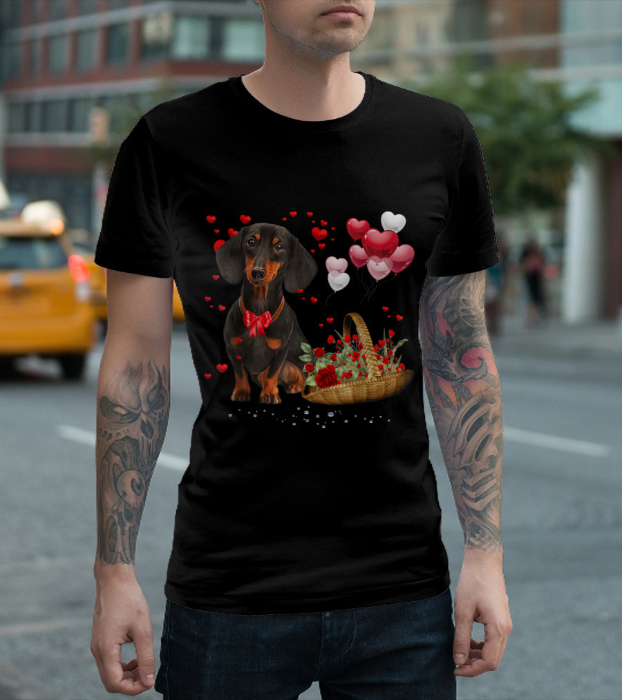 Dachshund Valentines Day Funny Dog With Heart Balloons And Roses T-Shirt