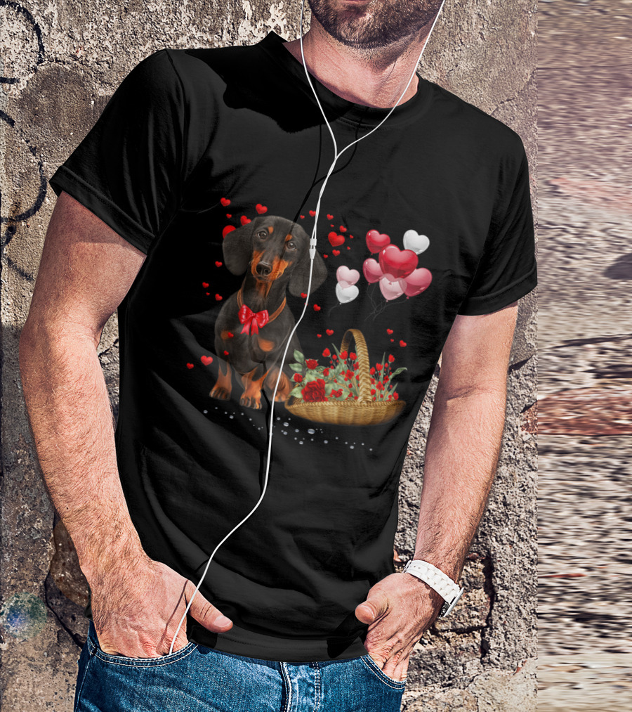 Dachshund Valentines Day Funny Dog With Heart Balloons And Roses T-Shirt