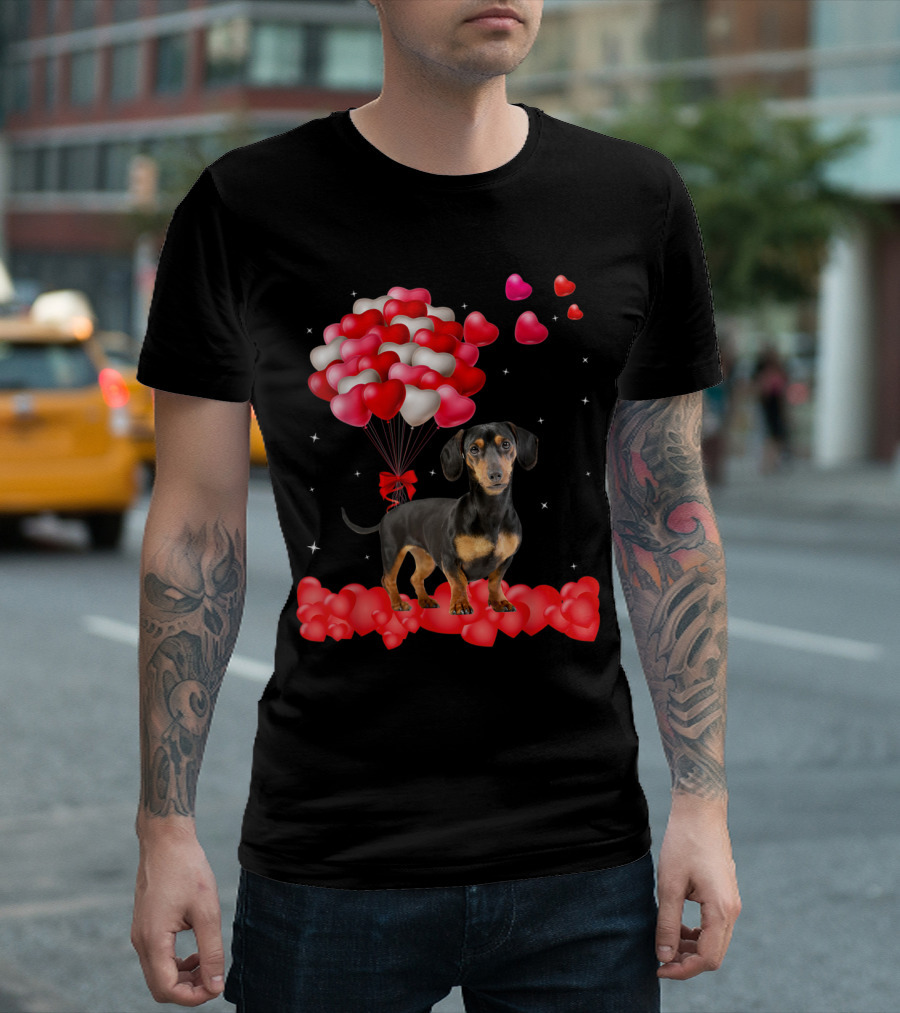 Dachshund Surrounded By Heart Balloons Valentine's Day T-Shirt