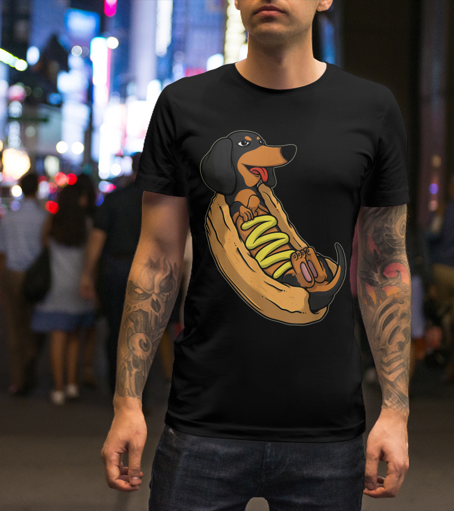 Weiner Dog Sausage Relaxed In Hot Dog Bun With Mustard T-Shirt