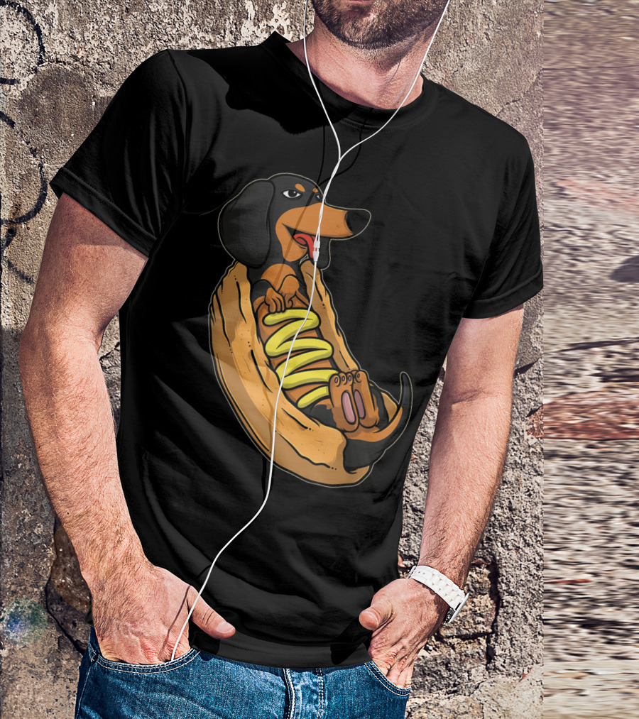 Weiner Dog Sausage Relaxed In Hot Dog Bun With Mustard T-Shirt