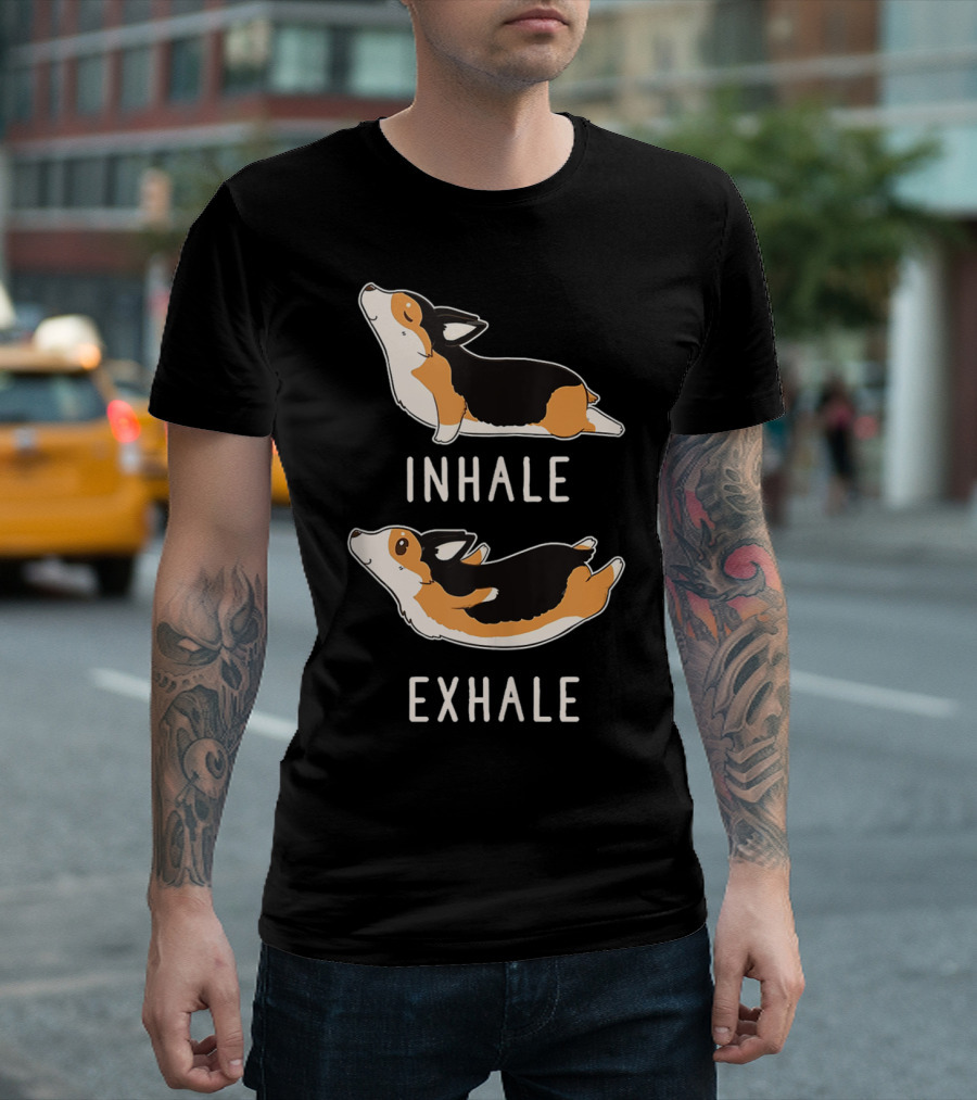 Tri Welsh Corgi Yoga Inhale Exhale Funny Lover T-Shirt