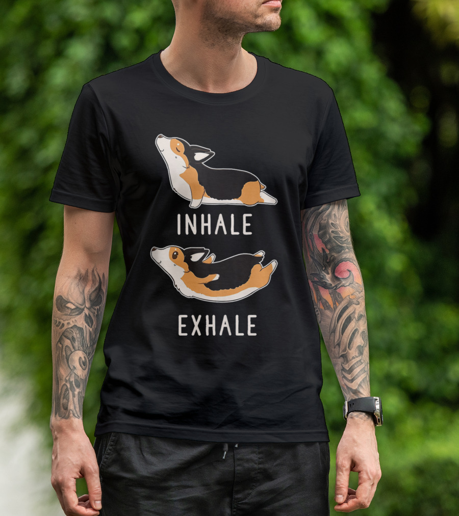 Tri Welsh Corgi Yoga Inhale Exhale Funny Lover T-Shirt