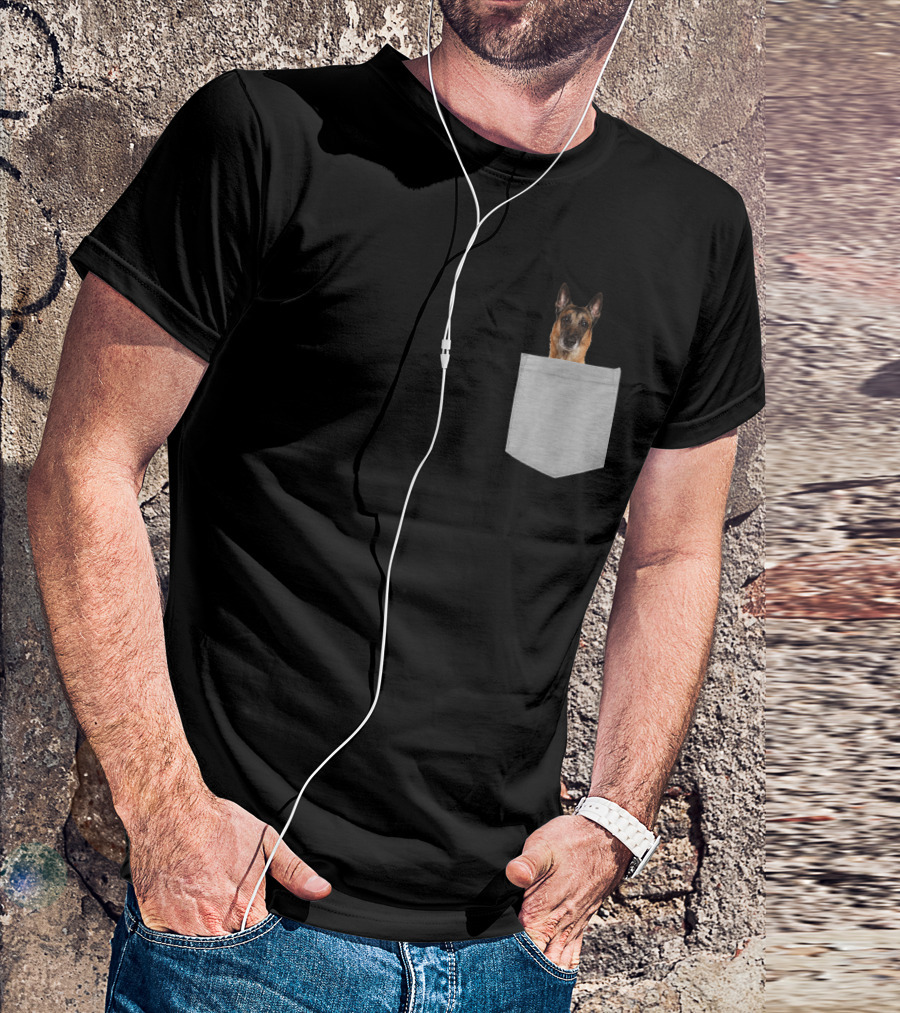 Belgian Malinois Dog Peeking Out Of Pocket T-Shirt