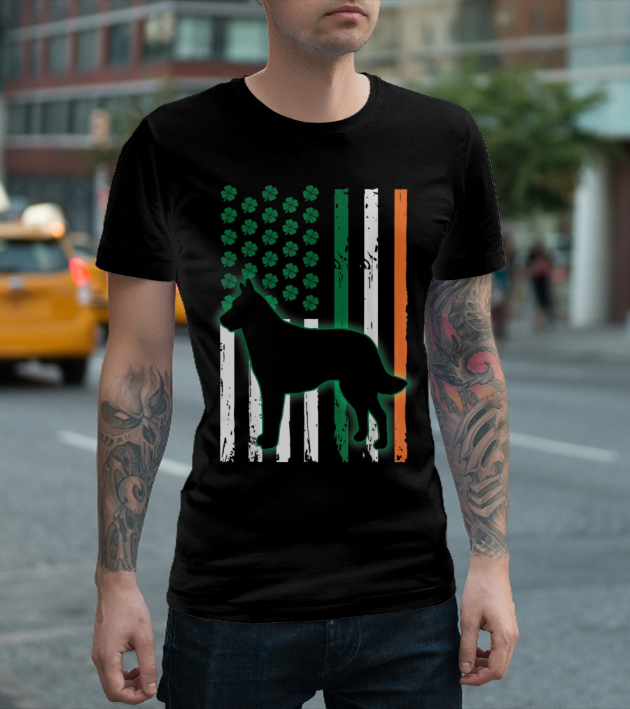 Irish American Flag Belgian Malinois Silhouette With Shamrocks T-Shirt