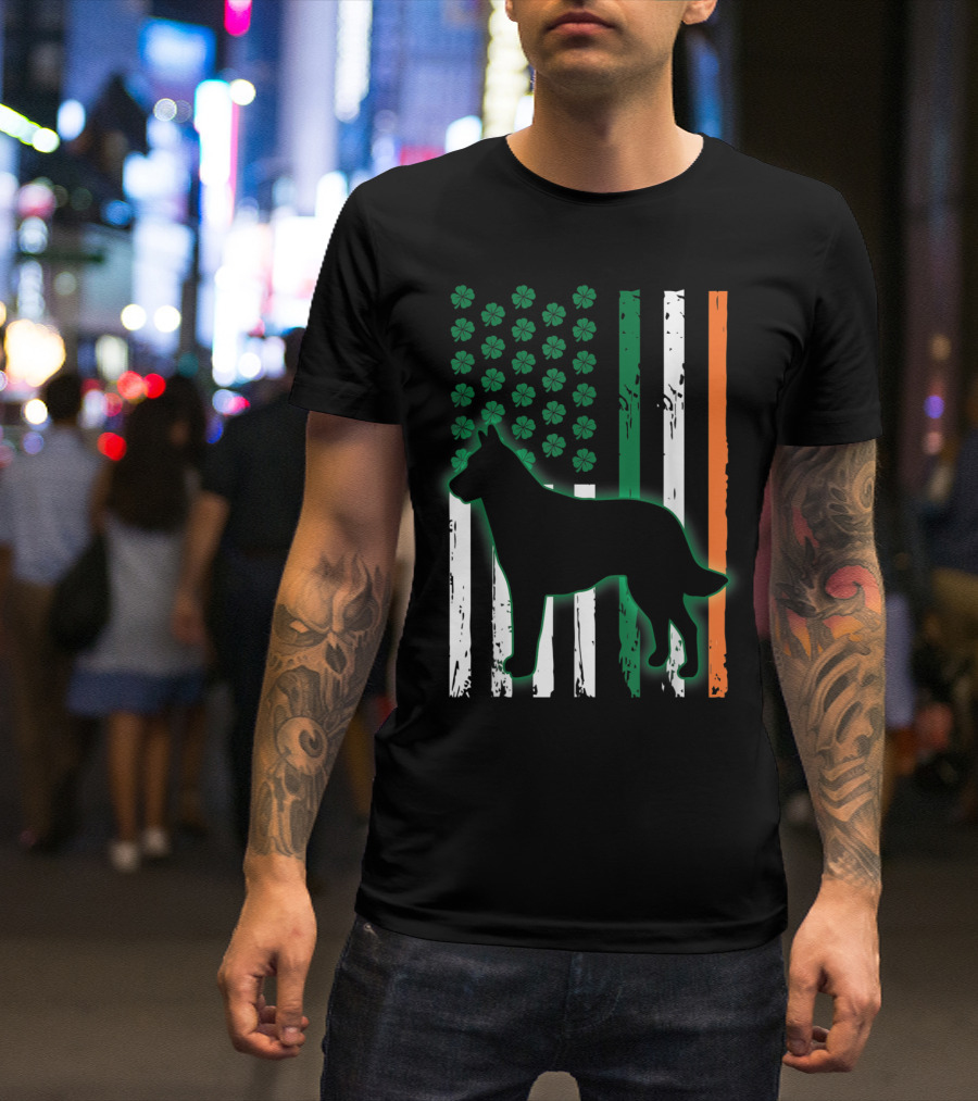 Irish American Flag Belgian Malinois Silhouette With Shamrocks T-Shirt
