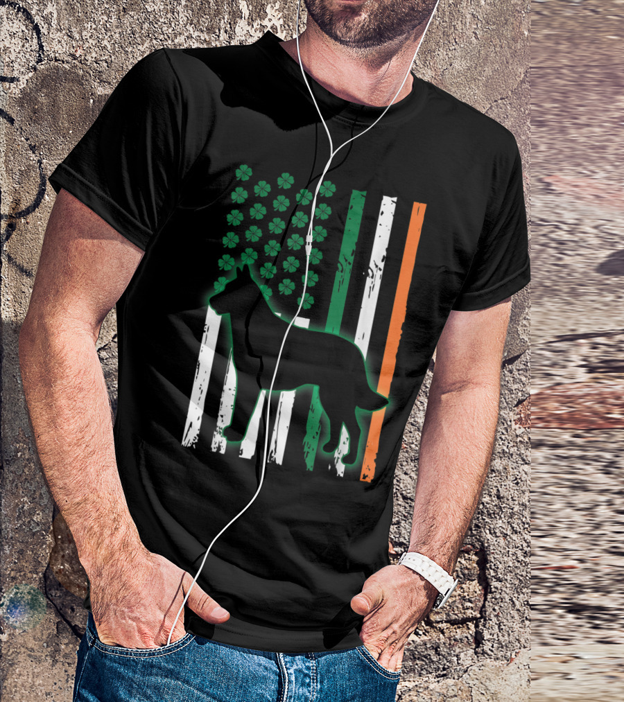 Irish American Flag Belgian Malinois Silhouette With Shamrocks T-Shirt