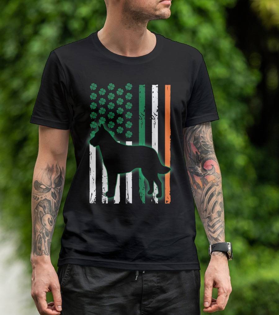 Irish American Flag Belgian Malinois Silhouette With Shamrocks T-Shirt