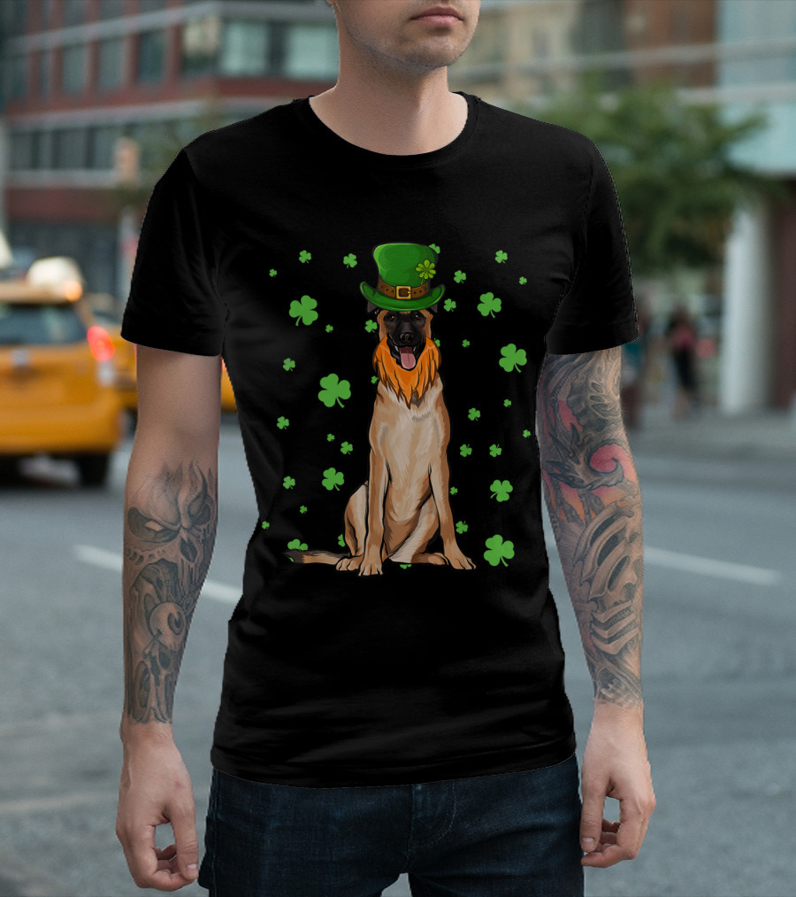 St Patricks Day Belgian Malinoi Dog with Shamrock Hat and Green Clover T-Shirt