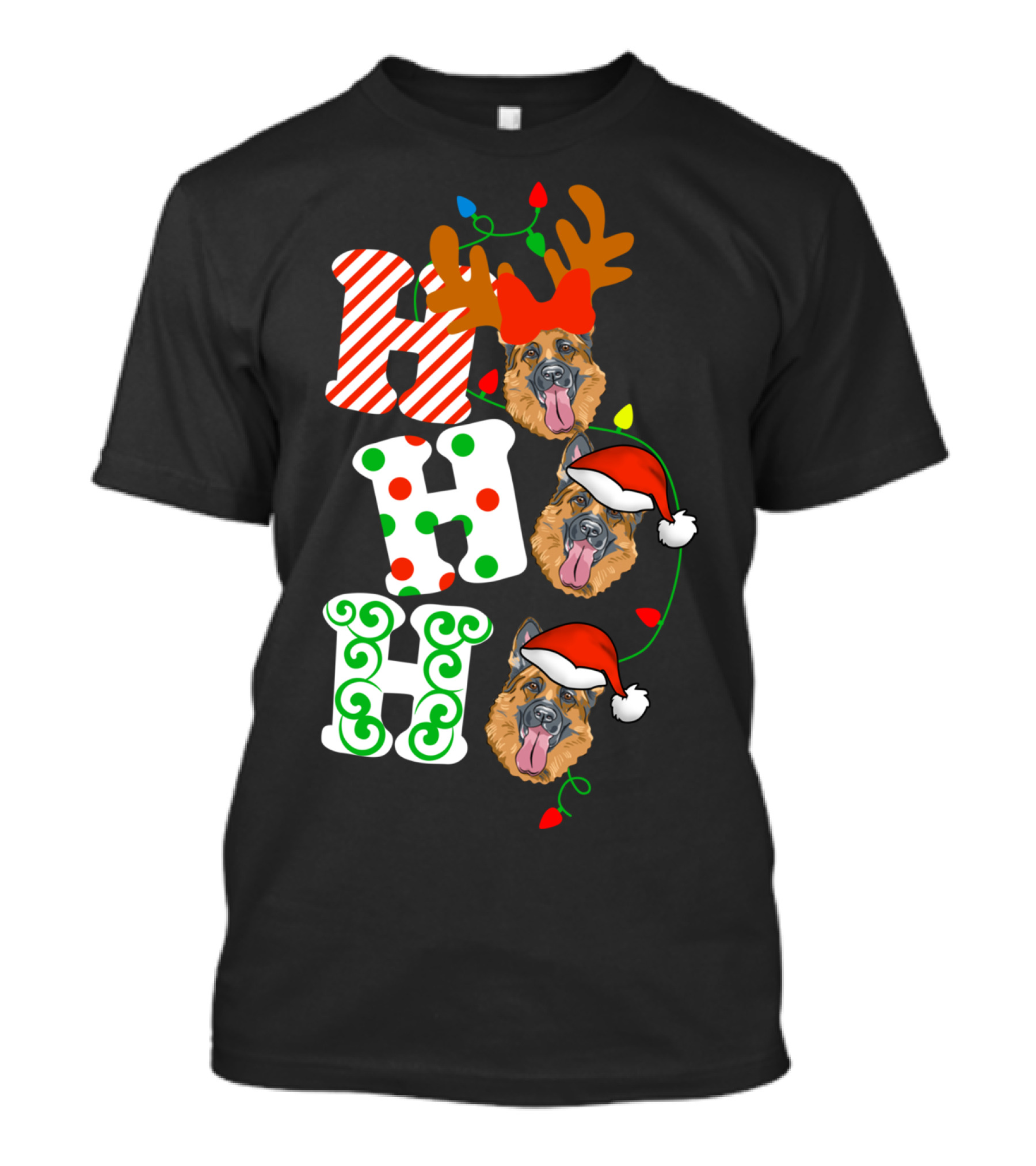 Ho Ho Ho Christmas Lights German Shepherd Dog Reindeer Santa Hat T-Shirt