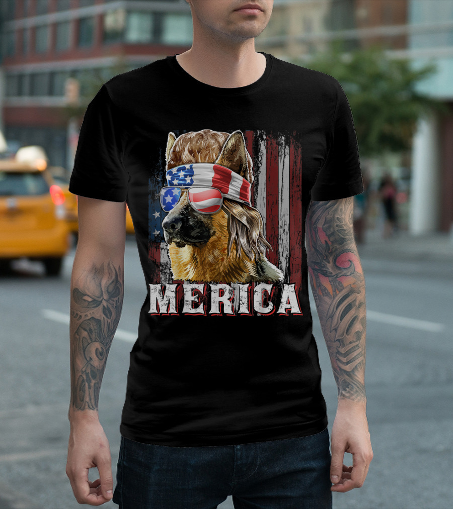 Merica German Shepherd Mullet USA Flag Glasses T-Shirt