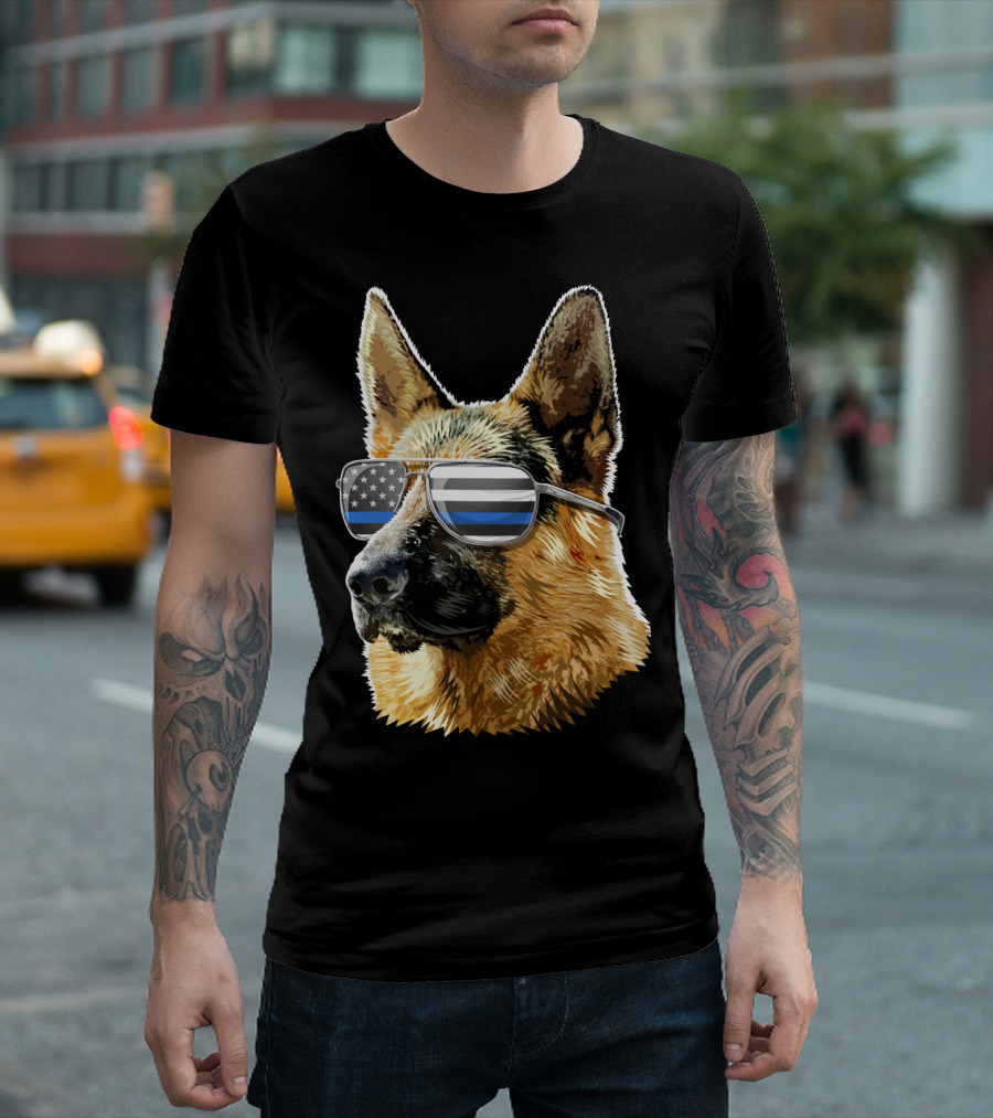 Thin Blue Line Flag Sunglasses German Shepherd K9 Police T-Shirt