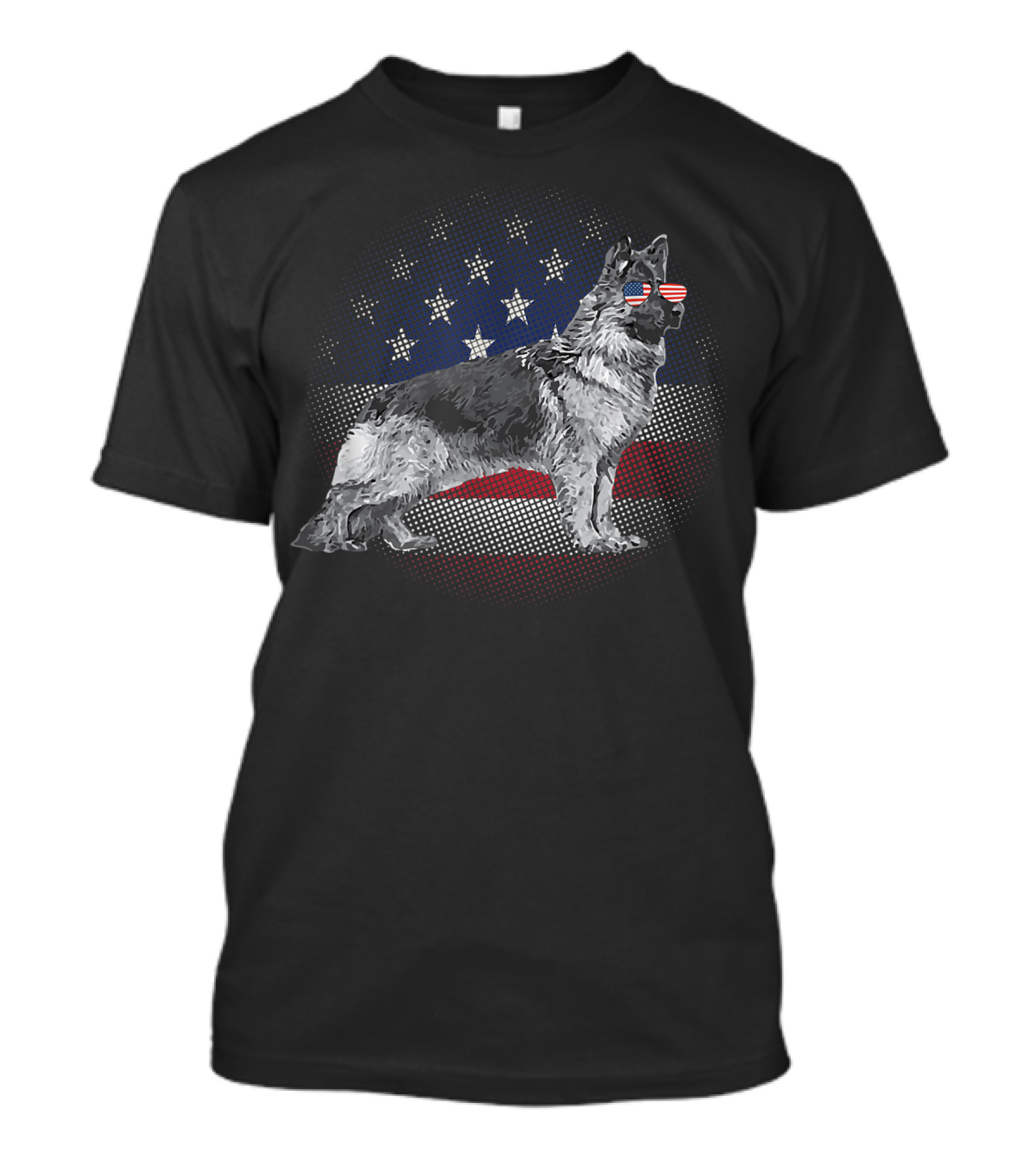 German Shepherd Wearing USA Flag Sunglasses With Patriotic Background T-Shirt