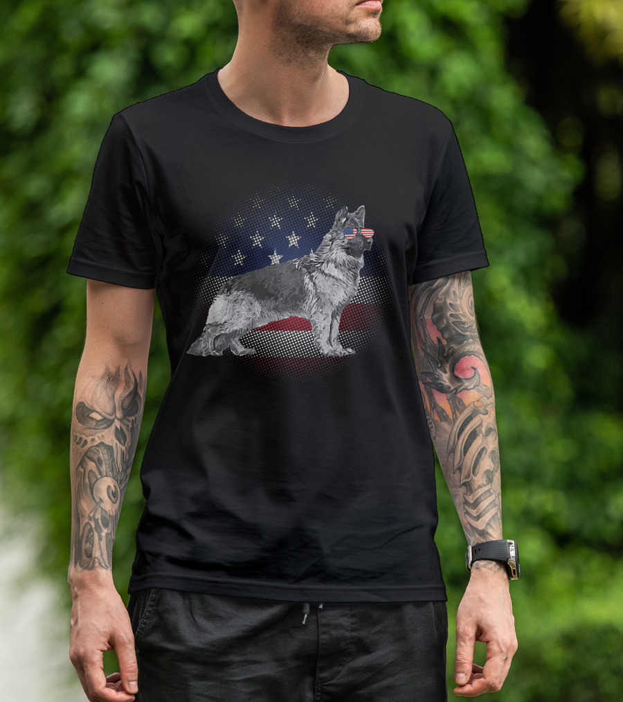 German Shepherd Wearing USA Flag Sunglasses With Patriotic Background T-Shirt
