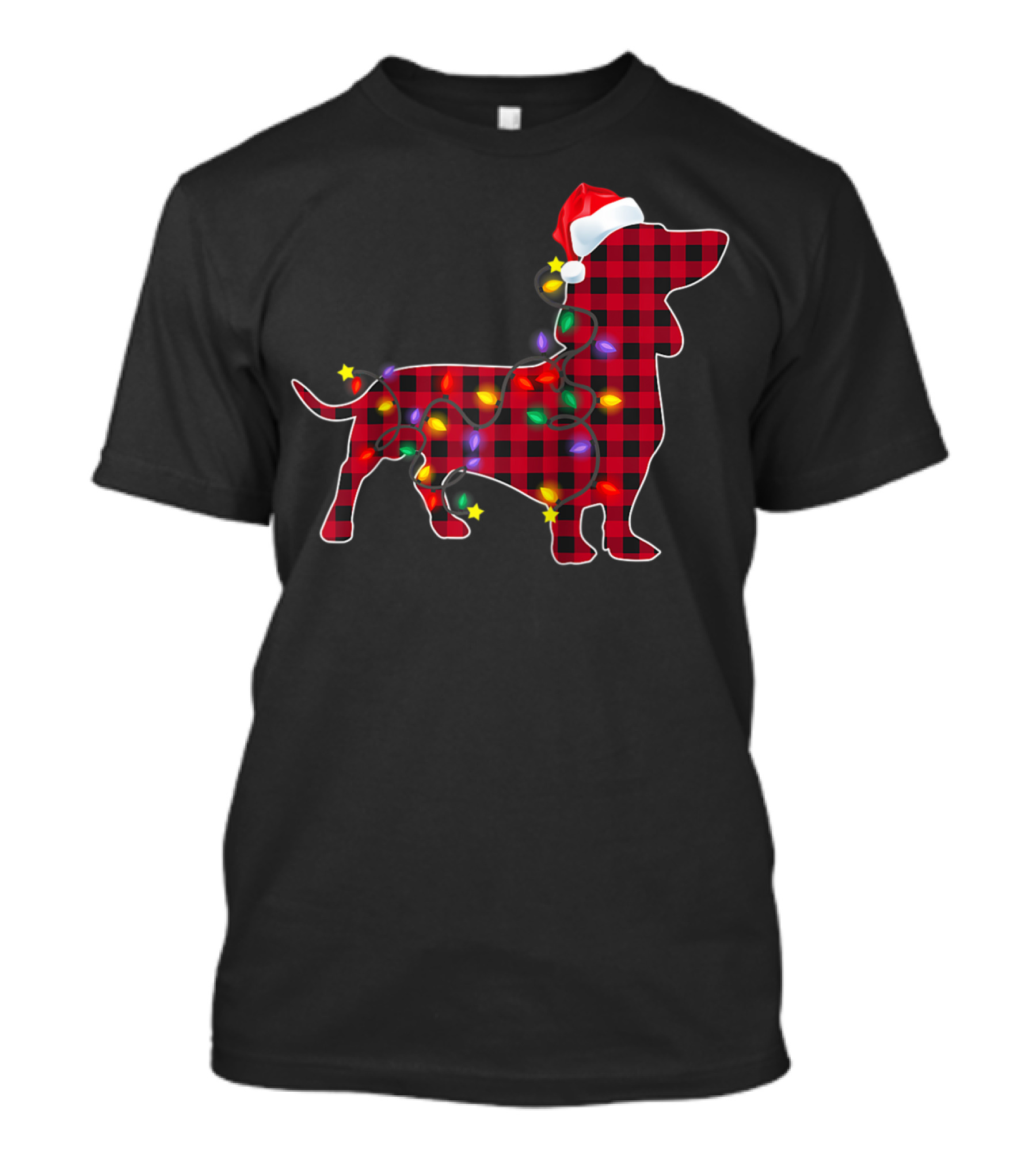 Dachshund Dog Christmas Lights Red Plaid Santa Hat T-Shirt