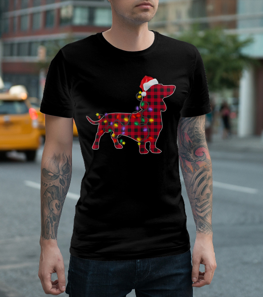 Dachshund Dog Christmas Lights Red Plaid Santa Hat T-Shirt