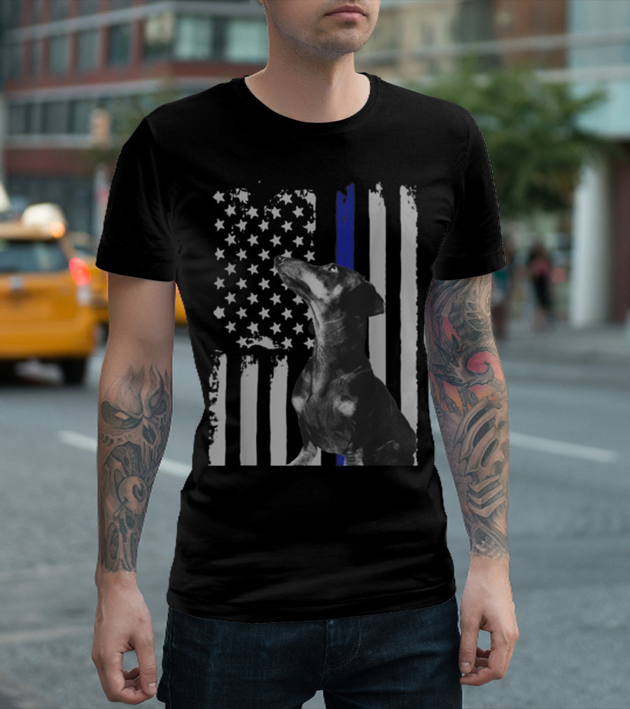 Dachshund American Flag Thin Blue Line Stars Stripes Funny T-Shirt