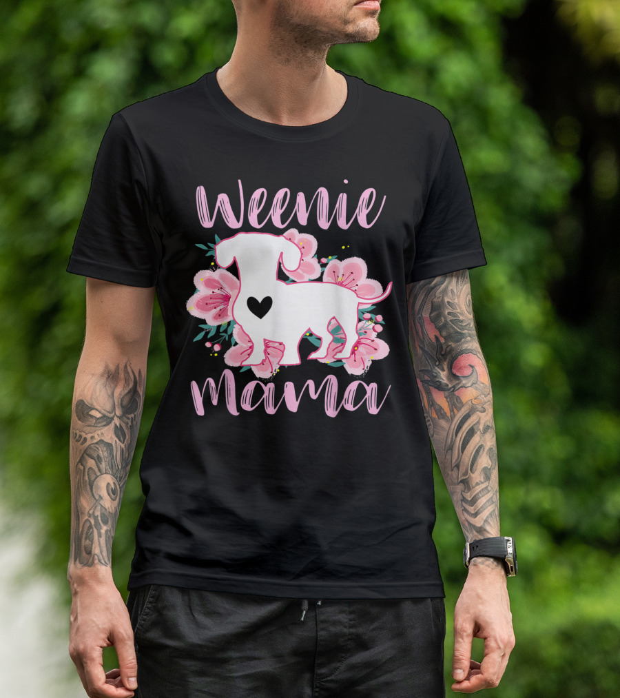 Weenie Mama Dachshund With Pink Flowers And Heart Detail T-Shirt