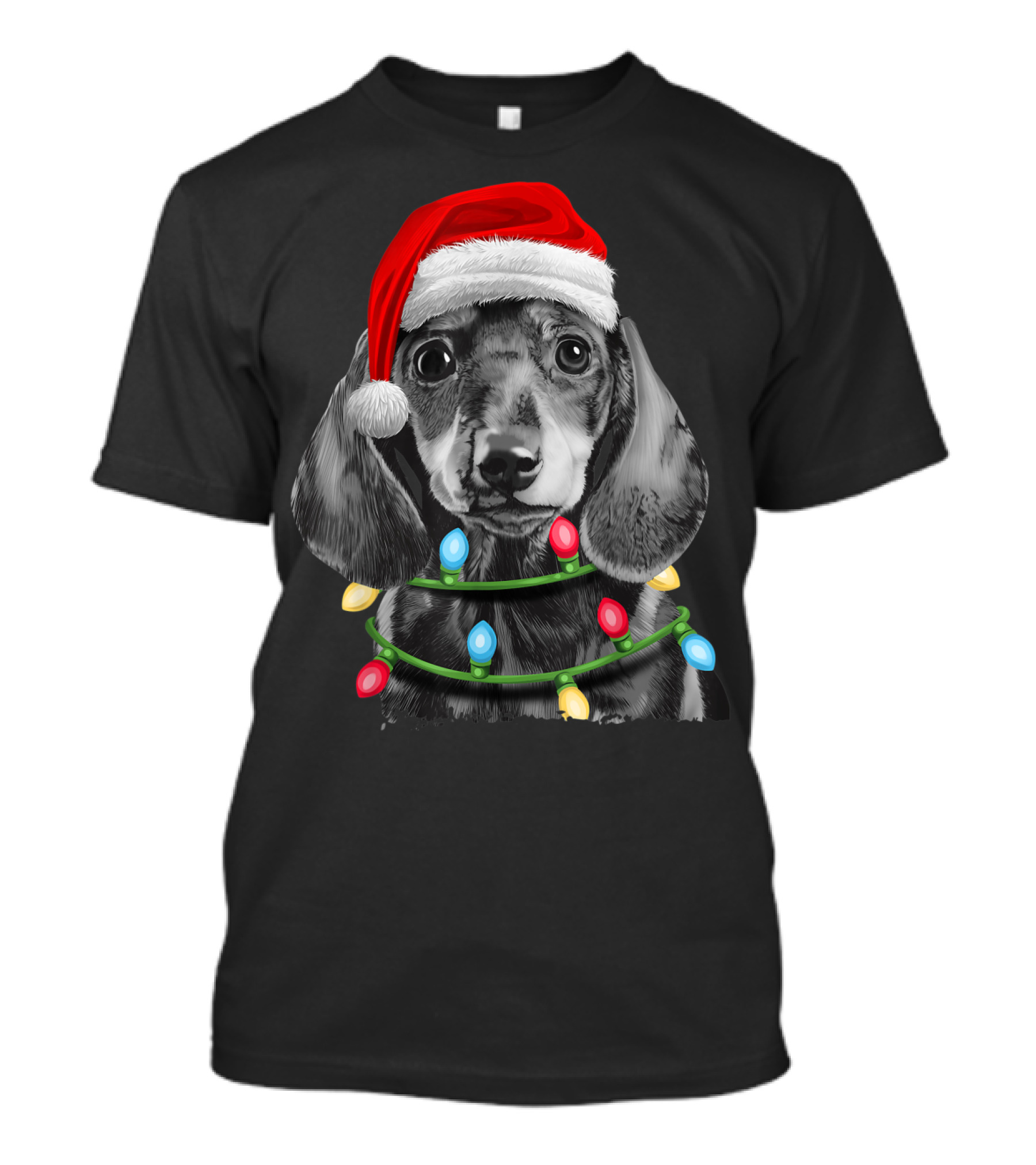 Dachshund Santa Hat Wrapped In Christmas Tree Lights T-Shirt