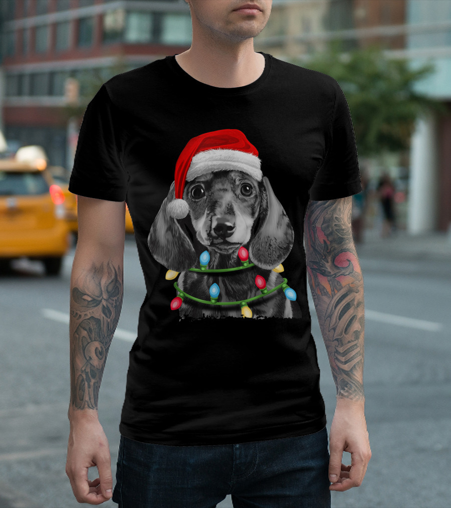 Dachshund Santa Hat Wrapped In Christmas Tree Lights T-Shirt