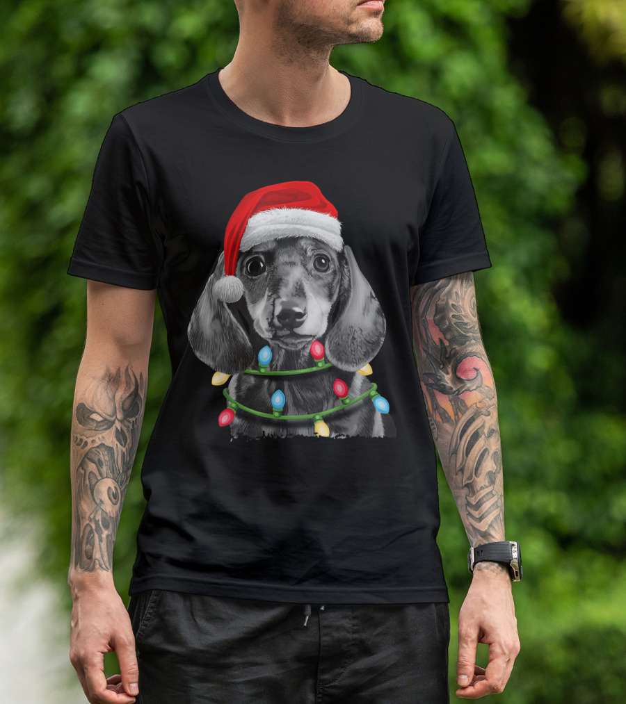 Dachshund Santa Hat Wrapped In Christmas Tree Lights T-Shirt