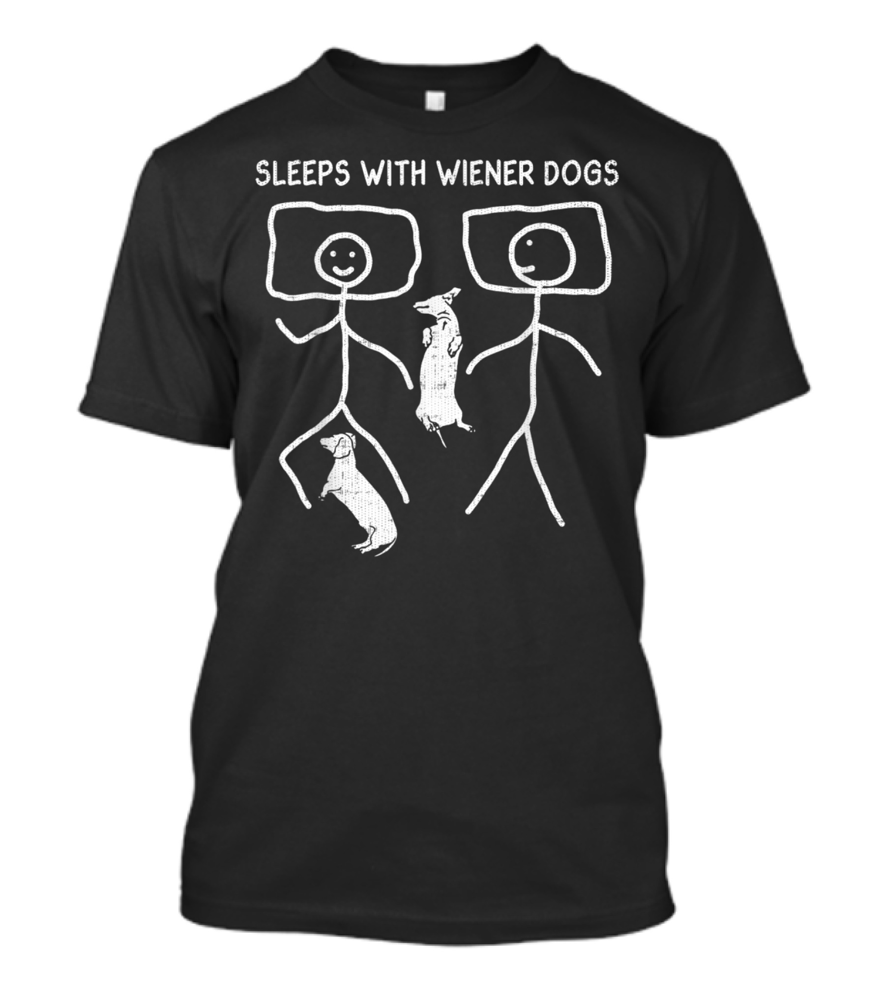 Sleeps With Wiener Dogs Funny Dachshund Stick Figures T-Shirt