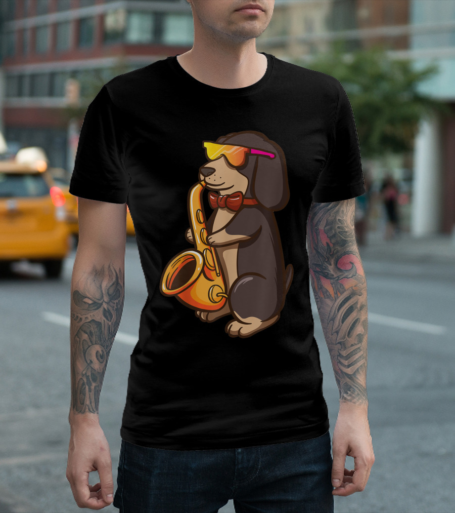 Saxophone Player Dachshund Jazz Band Music Dog Wearing Sunglasses Bowtie T-Shirt