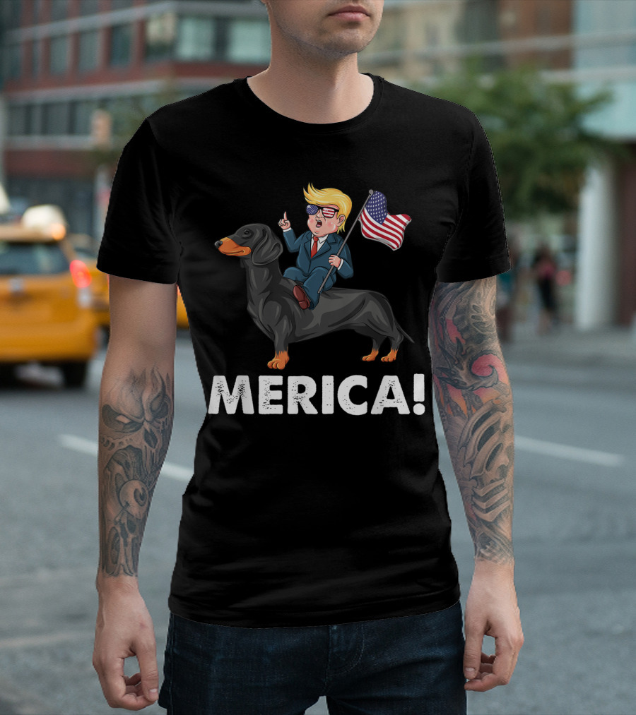 Merica Dachshund Dog With Flag And Patriotic Character T-Shirt