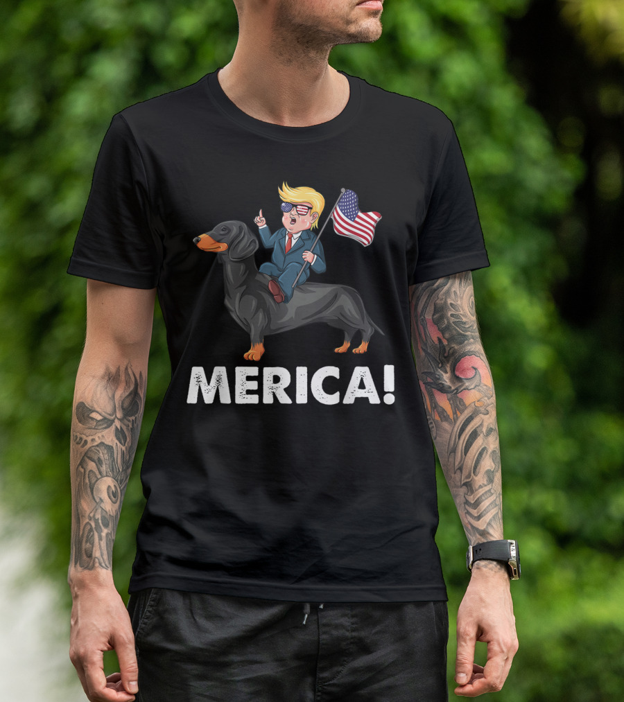 Merica Dachshund Dog With Flag And Patriotic Character T-Shirt