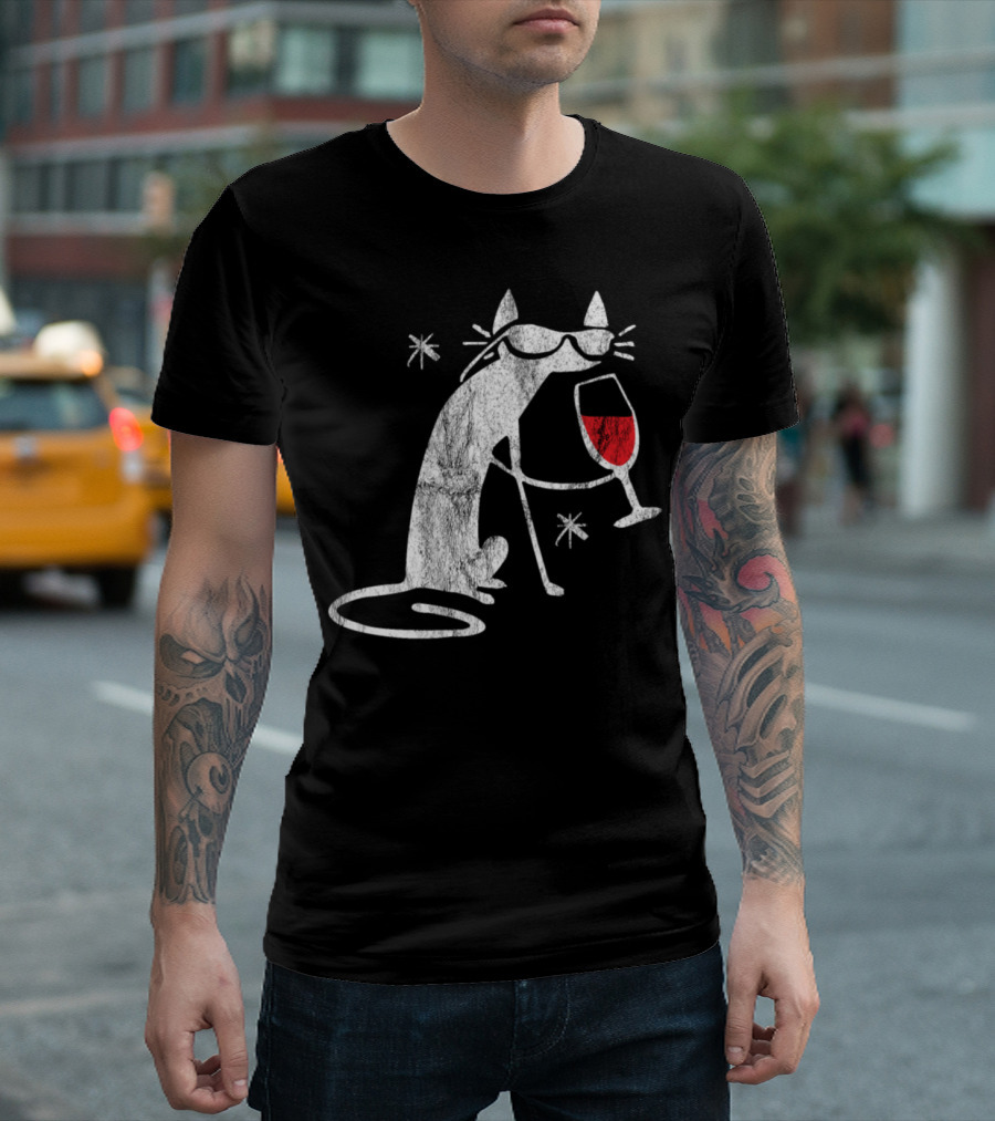 Cat Drinking Wine Cat Lover Wearing Glasses T-Shirt