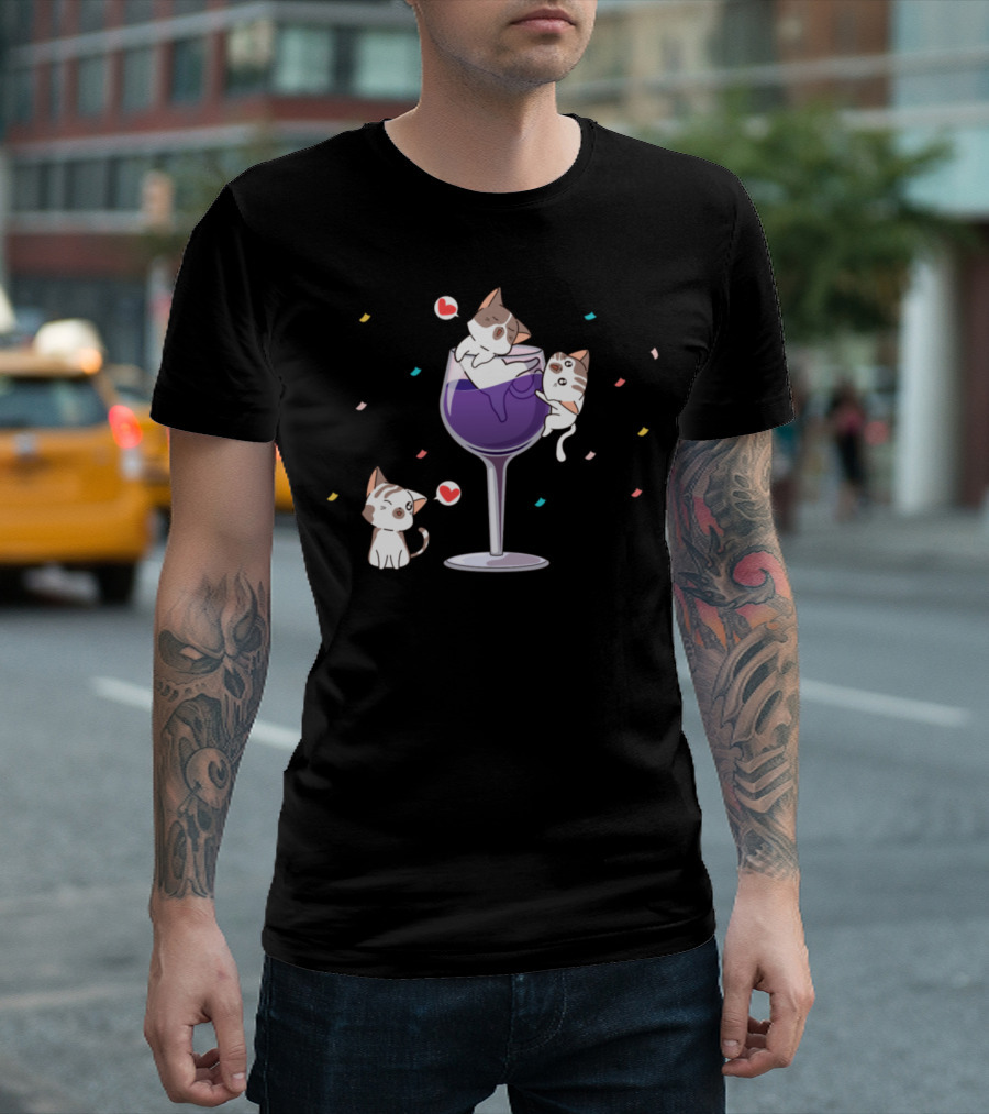 Cat Drinking Red Wine Drunk Cat Wine with Cute Kittens in a Glass T-Shirt