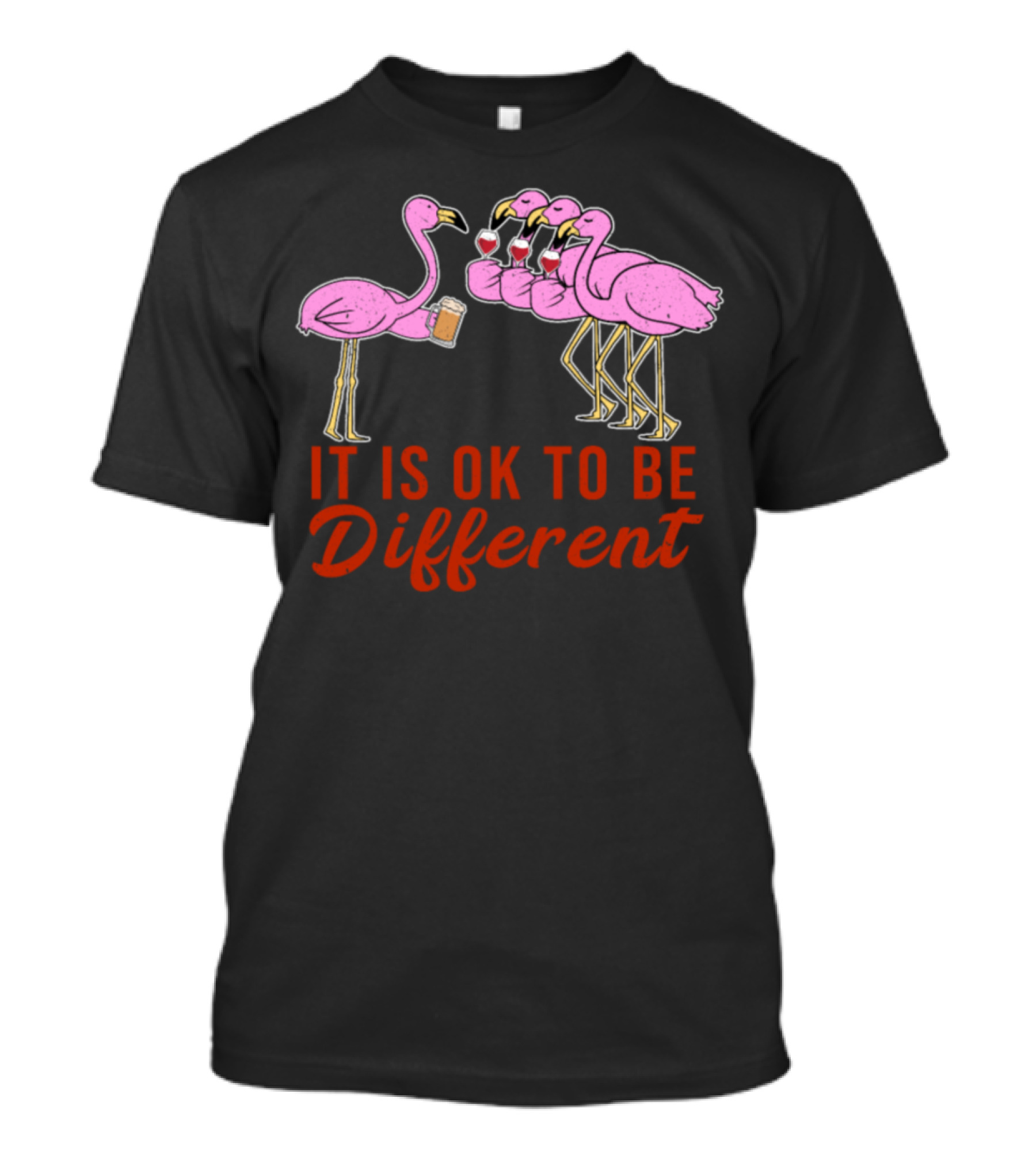 It Is OK To Be Different Pink Flamingo With Wine And Beer T-Shirt
