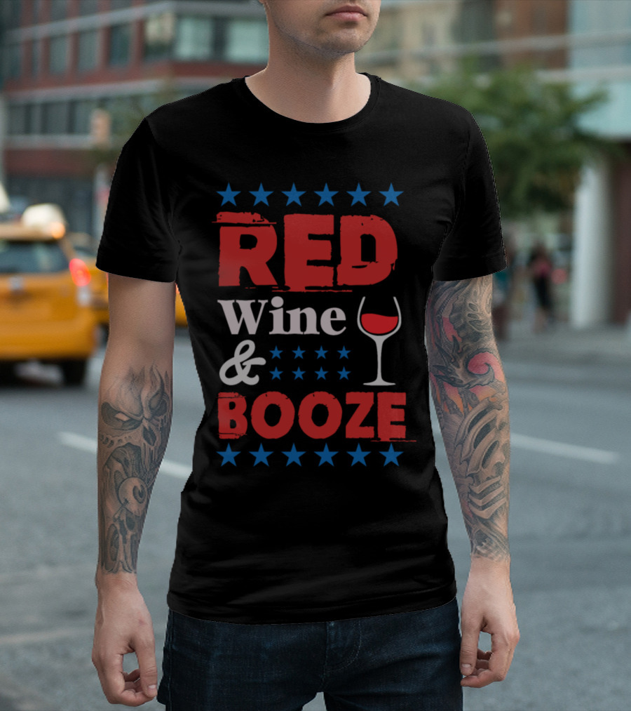 Red Wine And Booze Funny Drinking USA Stars Glass T-Shirt