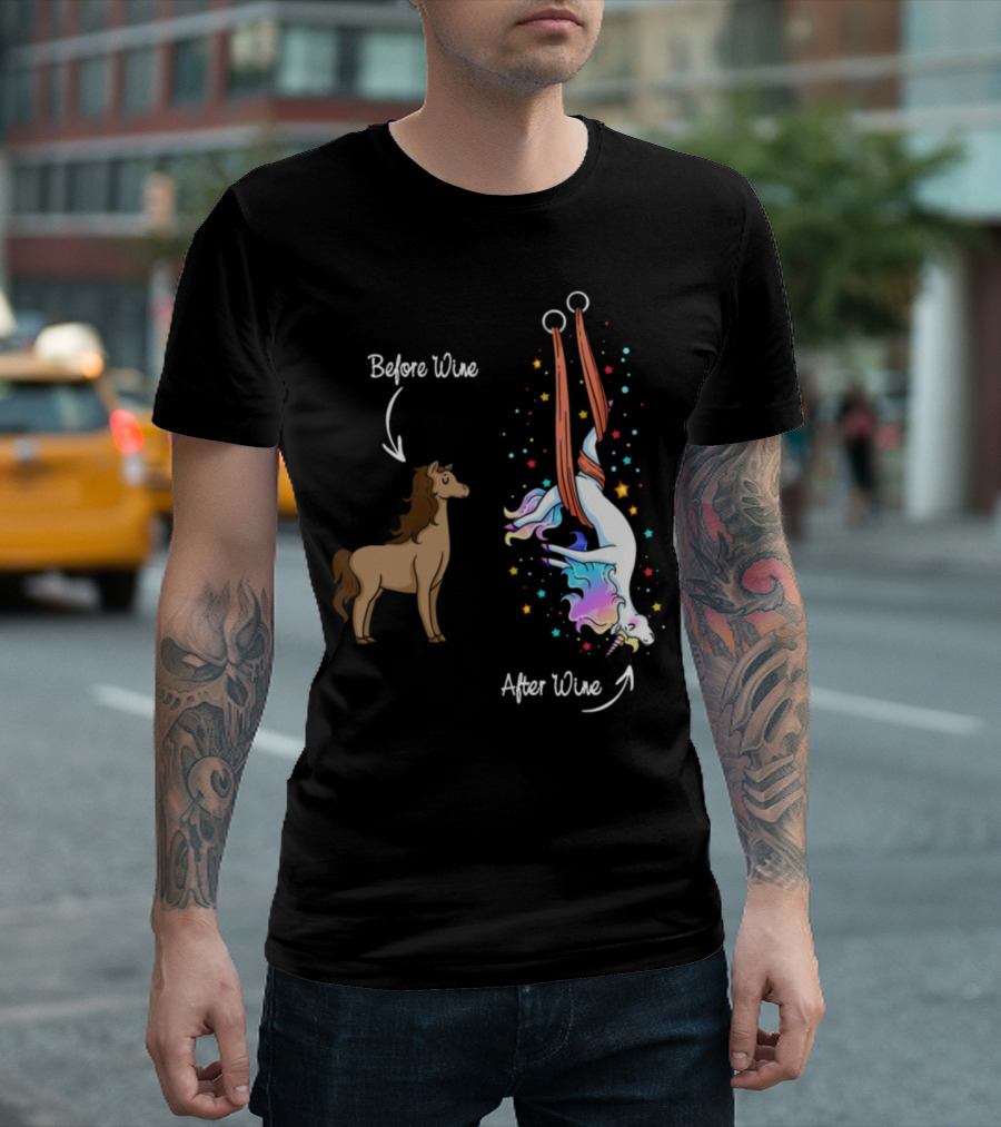 Before Wine Horse After Wine Unicorn With Colorful Stars T-Shirt
